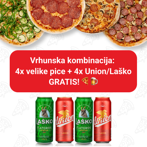 4 velike pizze plus 4 piva gratis union ali laško